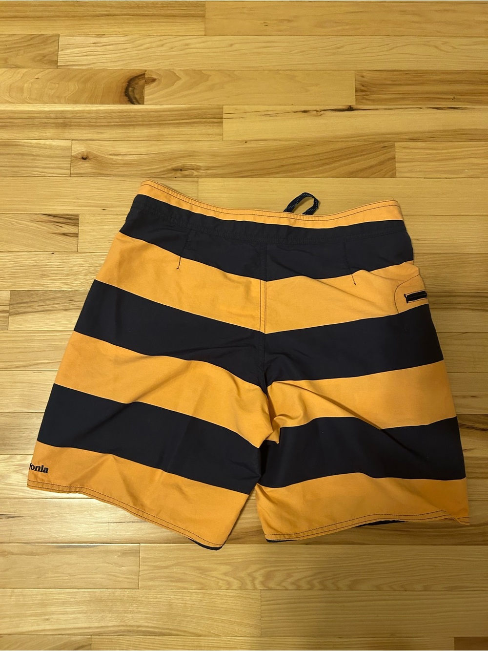 Patagonia Men's Orange & Navy Wide Stripe Board Shorts - Picture 2 of 3